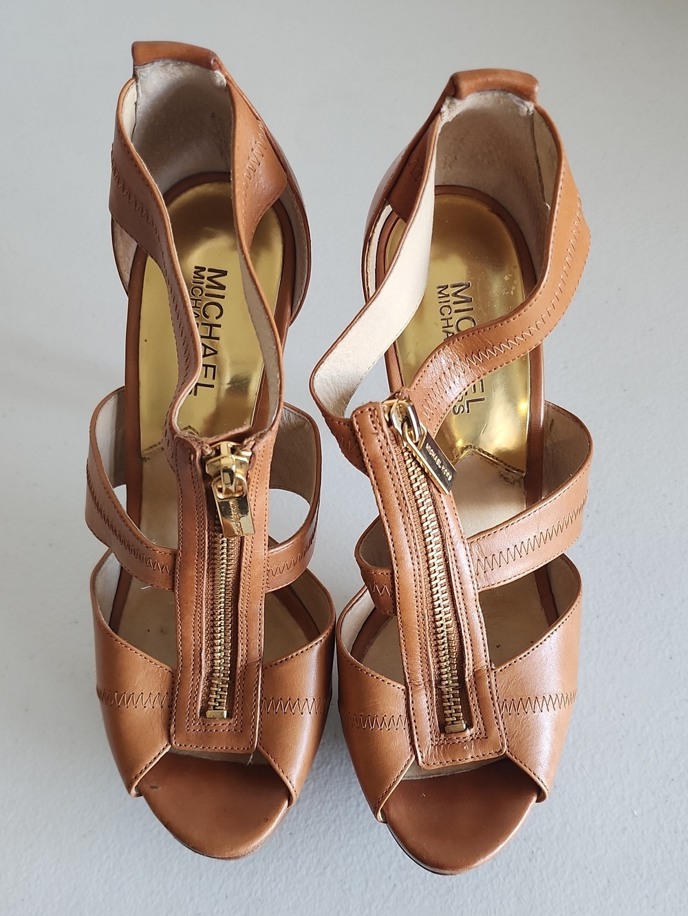 Michael Kors Cognac Leather Platform Zip-Strap High Heels